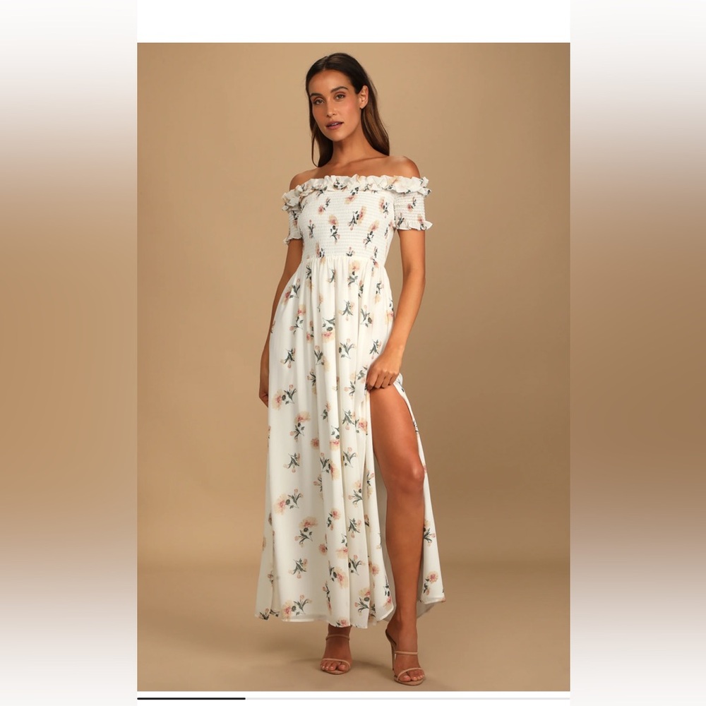 Let Love Bloom Ivory Floral Print Smocked Off-the-Shoulder Dress SIZE SMALL